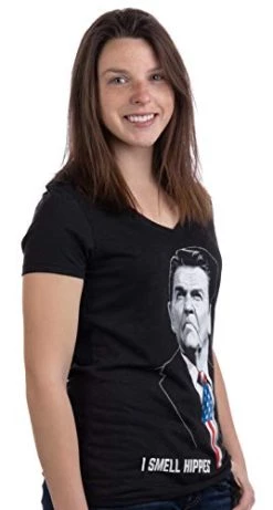 I Smell Hippies | Funny Conservative Merica USA Women Top T-Shirt-(Vneck,S) Vintage Black