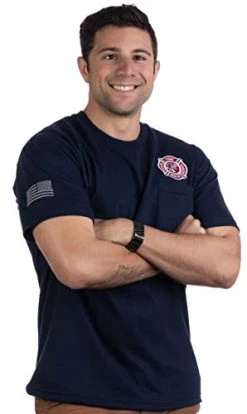 Firefighter Embroidered Cross Pocket Tee | Fire Fighter Rescue Courage Red Line T-Shirt-(Pocket,L)