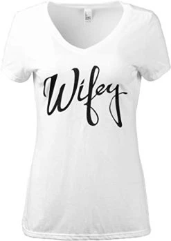 Wifey | Cute, Funny Wife Bride Marriage Honeymoon Wedding Women's V-Neck White T-Shirt Top-(White,2XL)