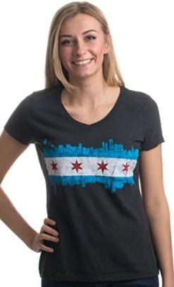 Chicago City Flag Skyline | Vintage Retro Triblend V-Neck Shirt Top For Women -T-Shirt Store 41 6byuhIL. AC
