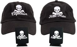 Pirate Captain & First Mate | Matching Boating Baseball Caps And Beer Holders Black