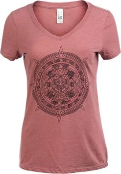 Aztec Sunstone | Ancient Mexican Calendar Sun Stone Spiritual V-Neck T-Shirt Top For Women