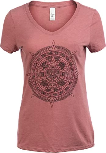 Aztec Sunstone | Ancient Mexican Calendar Sun Stone Spiritual V-Neck T-Shirt Top For Women 3 Aztec Sunstone | Ancient Mexican Calendar Sun Stone Spiritual V-Neck T-Shirt Top For Women