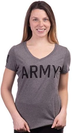 Army Women's V-Neck | U.S. Military Infantry Sleeve Flag Female Soldier T-Shirt Wife Mom Top