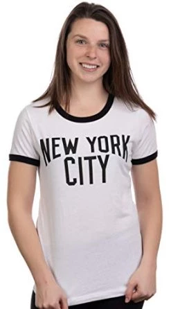 Retro New York City | Iconic NYC Lennon Ringer Vintage Women Girly T-Shirt Top-(Ringer,L)