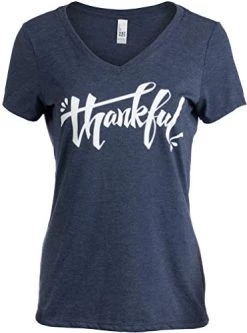 Thankful | Grateful Gratitude Positive Message Blessed V-Neck T-Shirt For Women-(Vneck,S) Vintage Navy
