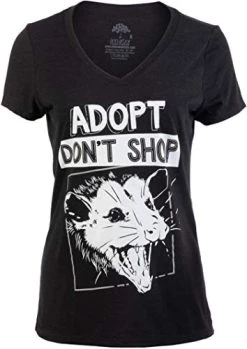 Adopt, Don't Shop Screaming Opposum | Funny Sarcastic Saying Phrase Women V-Neck T-Shirt-(Vneck,S) Vintage Black