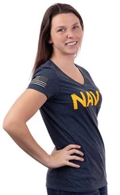Navy Chest Print & U.S. Military Sleeve Flag | Naval Veteran Sailor Women's V-Neck Shirt -T-Shirt Store 41DhrUJMByL
