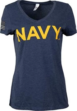 Navy Chest Print & U.S. Military Sleeve Flag | Naval Veteran Sailor Women's V-Neck Shirt