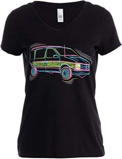 Neon Woody Minivan | 1980s 1990s 80s 90s Party Woodie Van Funny Women V-Neck T-Shirt Top-(Vneck,L)