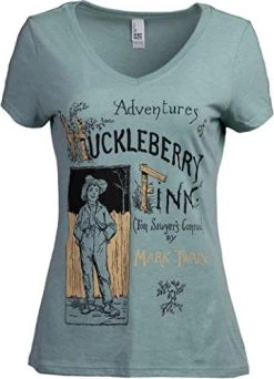 Adventures Of Huckleberry Finn | Vintage Mark Twain Book Cover Reader Reading Women's V-Neck Club T-Shirt -(Vneck,M) Heather Sage