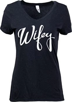 Wifey | Cute, Funny Wife Bride Marriage Honeymoon Wedding Women's V-Neck Black T-Shirt Top