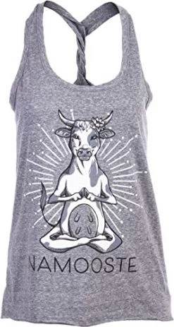 Namooste | Cute, Funny Silly Yoga 4H Cow Namaste Workout Racerback Tank Top For Women-(Racerback,S)
