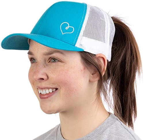 Heart Stitch | Ponytail Trucker Hat, Cute Boating Lake Beach Pool Pony Tail Cap-Blue 3 Heart Stitch | Ponytail Trucker Hat, Cute Boating Lake Beach Pool Pony Tail Cap-Blue