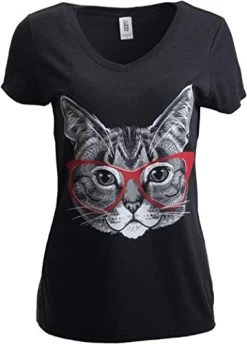 Red Linda Glasses Cat | Sassy Funny Kitty Belcher Cute V-Neck T-Shirt For Women