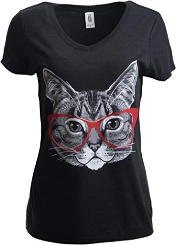 Red Linda Glasses Cat | Sassy Funny Kitty Belcher Cute V-Neck T-Shirt For Women 3 Red Linda Glasses Cat | Sassy Funny Kitty Belcher Cute V-Neck T-Shirt For Women