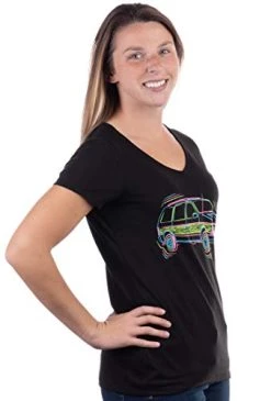 Neon Woody Minivan | 1980s 1990s 80s 90s Party Woodie Van Funny Women V-Neck T-Shirt Top-(Vneck,L) -T-Shirt Store 41sPbU868iL