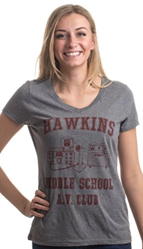Hawkins Middle School A.V. Club | Vintage 80s AV Hawkin Women V-Neck T-Shirt Top 3 Hawkins Middle School A.V. Club | Vintage 80s AV Hawkin Women V-Neck T-Shirt Top