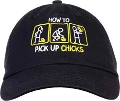 Ann Arbor T-shirt Co. How To Pick Up Chicks | Funny Sarcastic Sarcasm Joke Cap For Man Woman Baseball Dad Hat Black