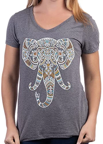 Elephant Aesthetic | Ornate Stylized Line Art Yoga V-Neck T-Shirt For Women 3 Elephant Aesthetic | Ornate Stylized Line Art Yoga V-Neck T-Shirt For Women