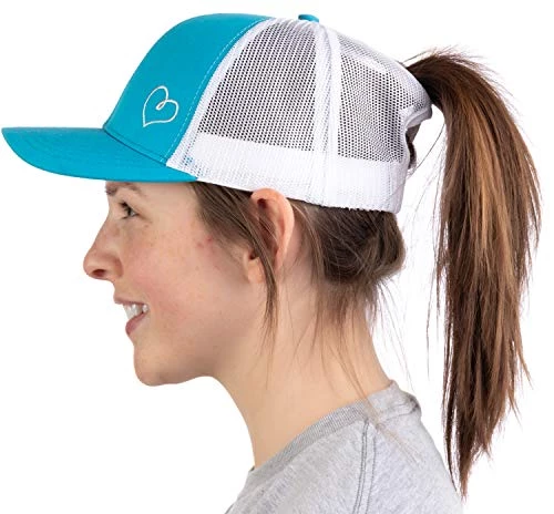 Heart Stitch | Ponytail Trucker Hat, Cute Boating Lake Beach Pool Pony Tail Cap-Blue 4 Heart Stitch | Ponytail Trucker Hat, Cute Boating Lake Beach Pool Pony Tail Cap-Blue - Image 2