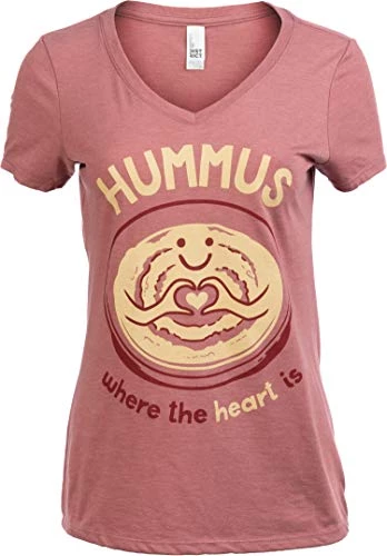 Hummus Where The Heart Is | Cute Funny Silly Food Joke Houmos V-Neck T-Shirt Top For Women-(Vneck,M) Dusty Rose 3 Hummus Where The Heart Is | Cute Funny Silly Food Joke Houmos V-Neck T-Shirt Top For Women-(Vneck,M) Dusty Rose