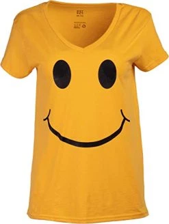 Smiley Face | Cute, Fun, Funny Happy Optimist Teacher Child Care Worker Mom V-Neck Yellow T-Shirt For Women - (Vneck,M)
