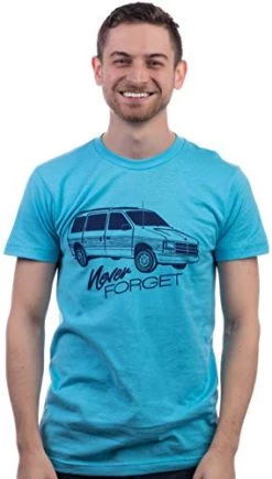 Never Forget: Woody Minivan | 1980s 1990s 80s 90s Party Woodie Van Funny Men Women T-Shirt-(Adult,L) Aqua Blue