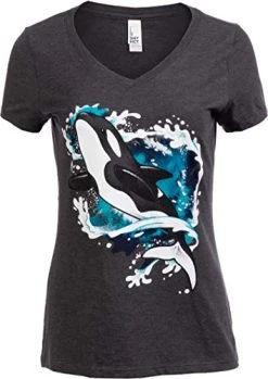 Orca Illustration | Cute Cool Ocean Wildlife Killer Whale Sea V-Neck T-Shirt Top For Women-(Vneck,M) Vintage Black